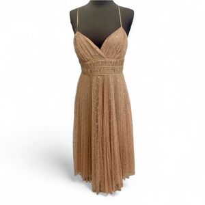 VINTAGE BETSEY JOHNSON GOLD MESH SPARKLE SPAGHETTI STRAP MIDI DRESS SIZE MEDIUM